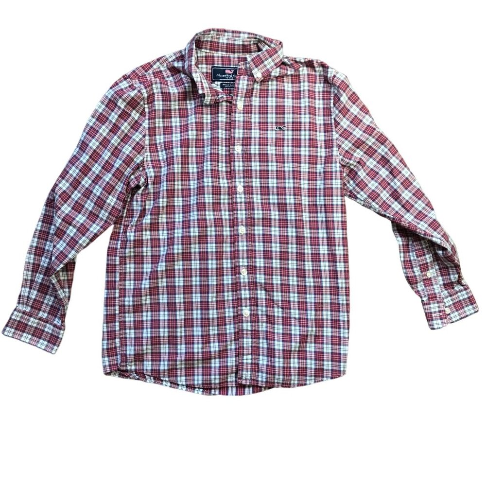 Vineyard Vines Tartan Plaid Button Up Whale Shirt Boys M (12-14) Red 100% Cotton
